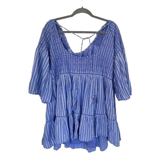 Free People Lola Boho Striped Tiered Dress Chambray Blue Embroidered Lagenlook - Picture 4 of 12